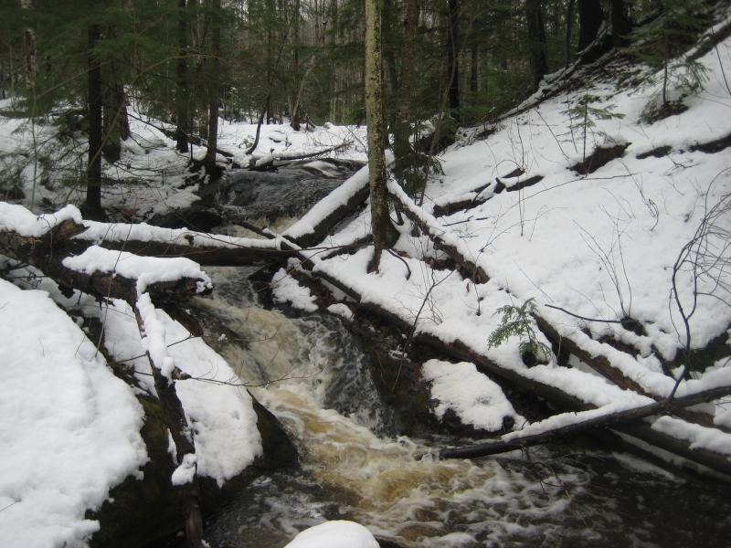 Angled rock drops below snowy logs