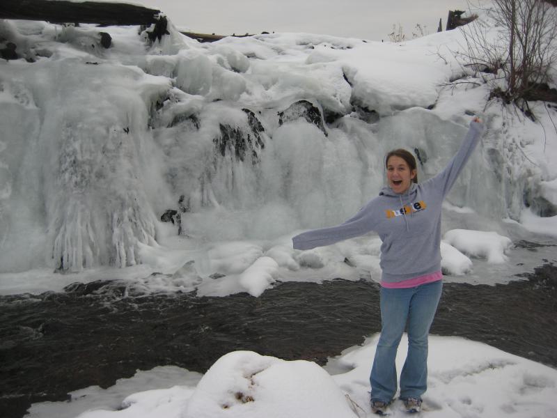 Faith excited about the frozen waterfall