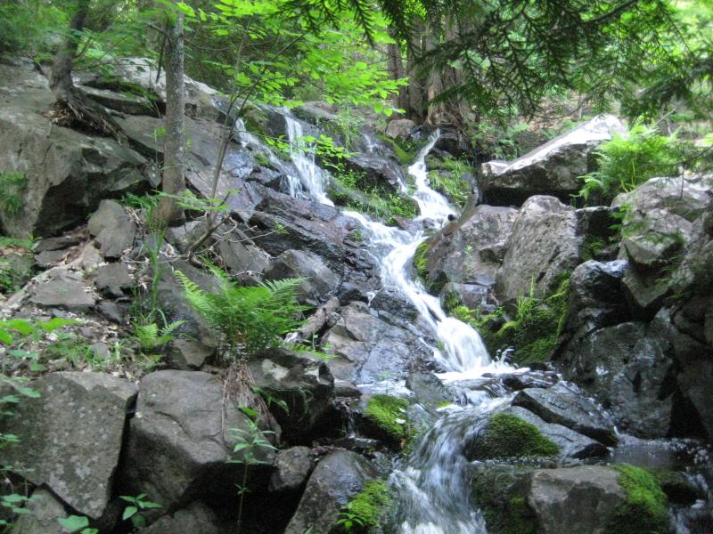 Waterfall over the mossy rocks