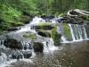 Outstretched leg on the left side of the falls